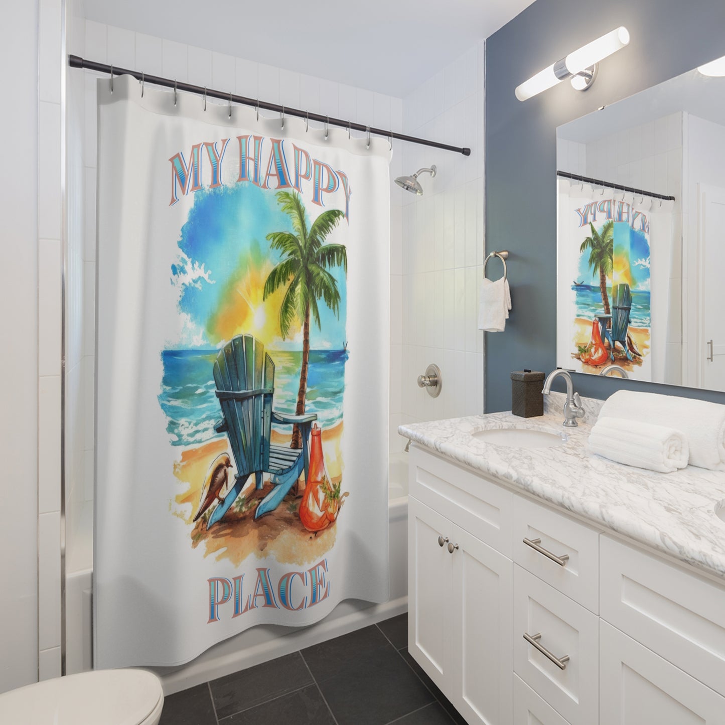 Beach - My Happy Place - Shower Curtain - Home Decor, Bathroom Decor 71"  x 74"