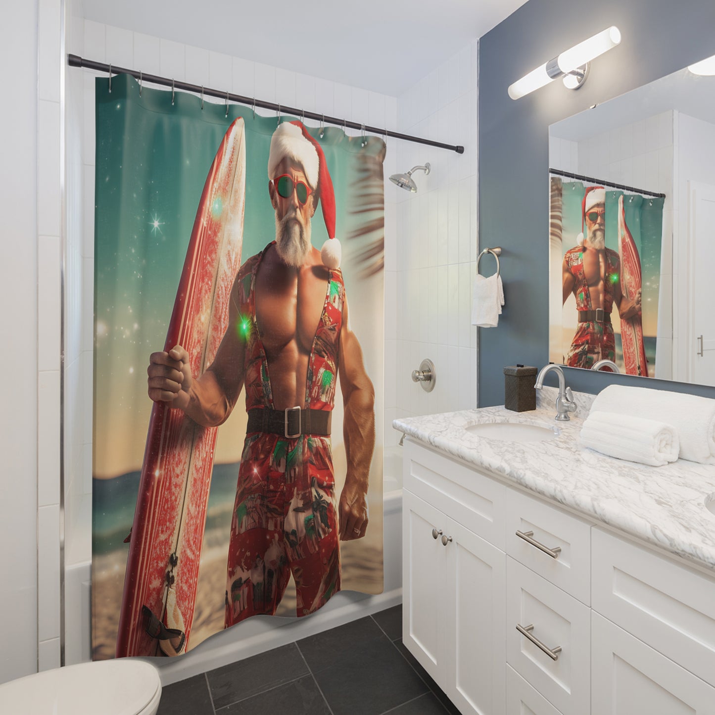 CHRISTMAS - Buff Santa Surfer - SHOWER CURTAIN - Home Decor, Bathroom Decor, Holiday Decor 71x74"