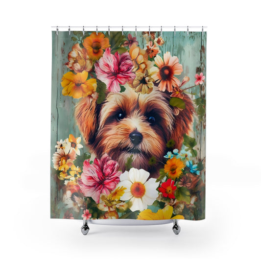 Watercolor - Yorkshire Terrier Puppy Yorkie Flowers  - Shower Curtain - Home Decor, Bathroom Decor 71"  x 74"