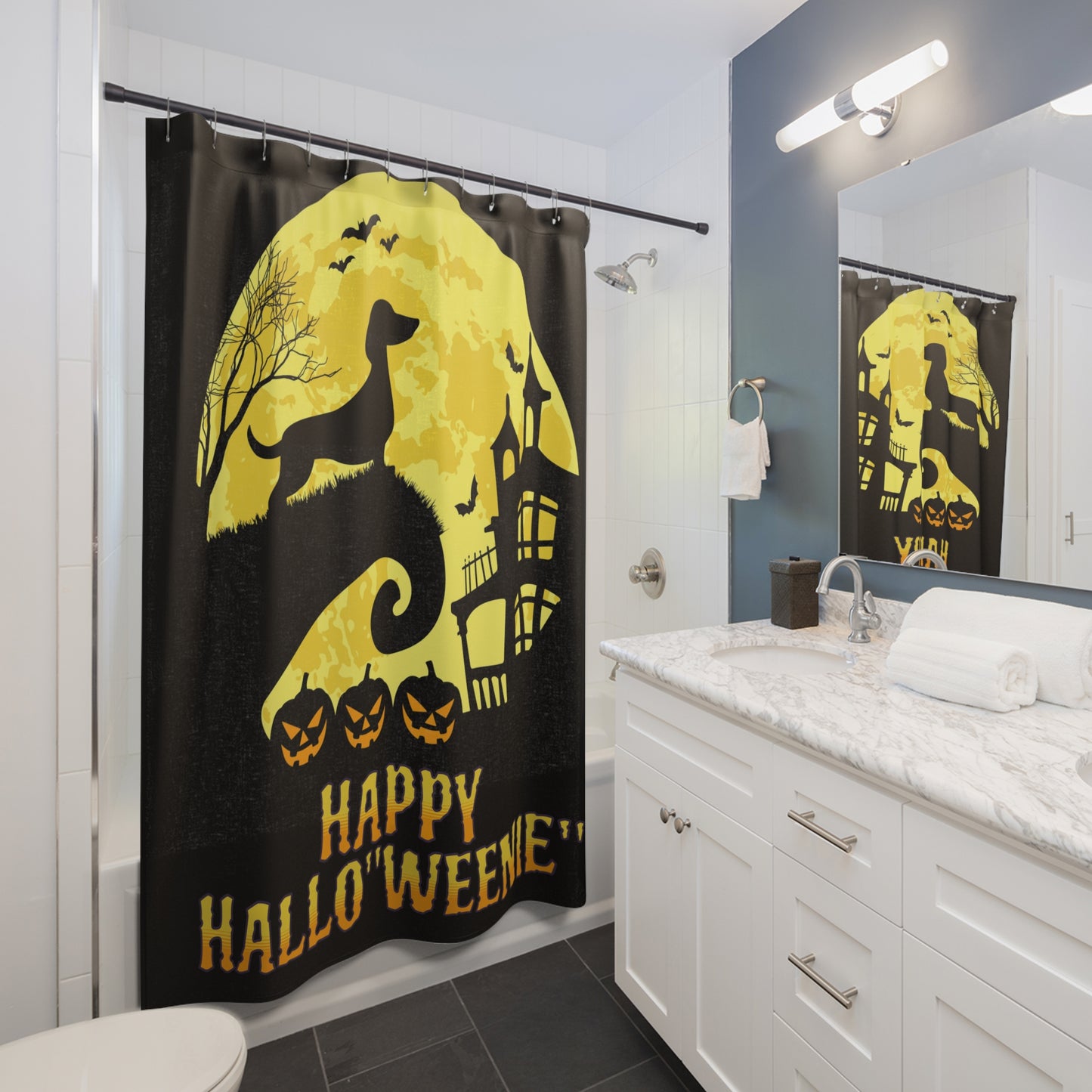 Hallo"weenie" Halloween SHOWER CURTAIN - Home Decor, Bathroom Decor, Holiday Decor 71x74" Dachshund