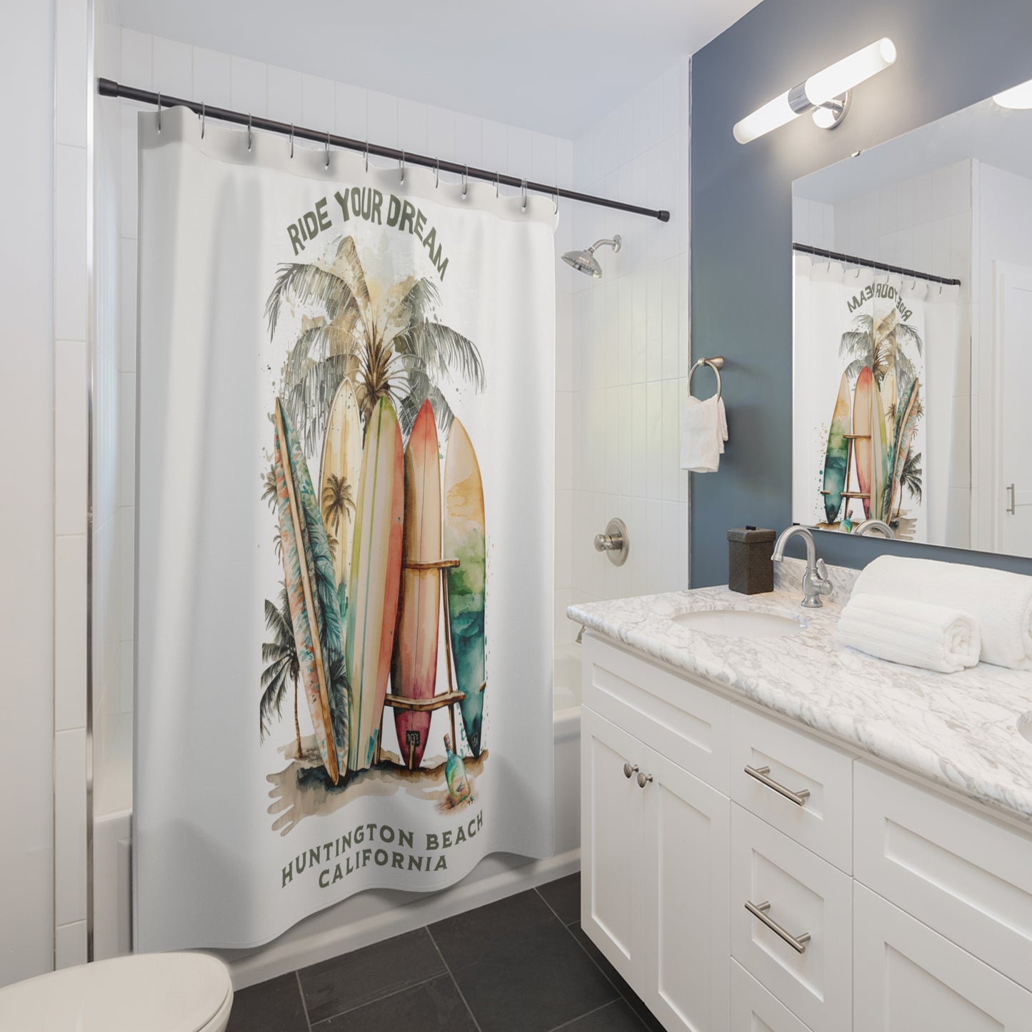 Surfing Summer Surfboards Huntington Beach  - Shower Curtain - Home Decor, Bathroom Decor 71"  x 74"