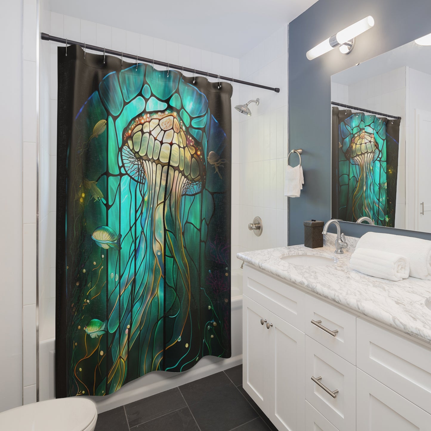 Stained Glass - Jellyfish Aquatic - Shower Curtain - Home Decor, Bathroom Decor 71"  x 74"