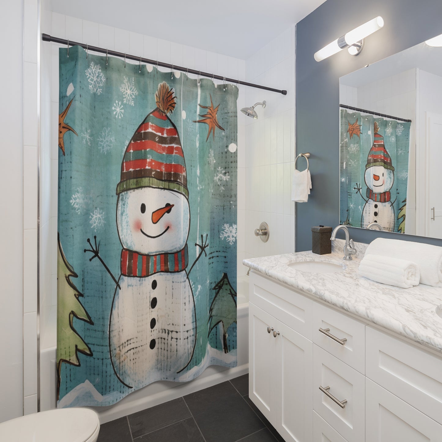 CHRISTMAS Winter Holiday Decor,  Rustic Snowman SHOWER CURTAIN - 71" x 74"