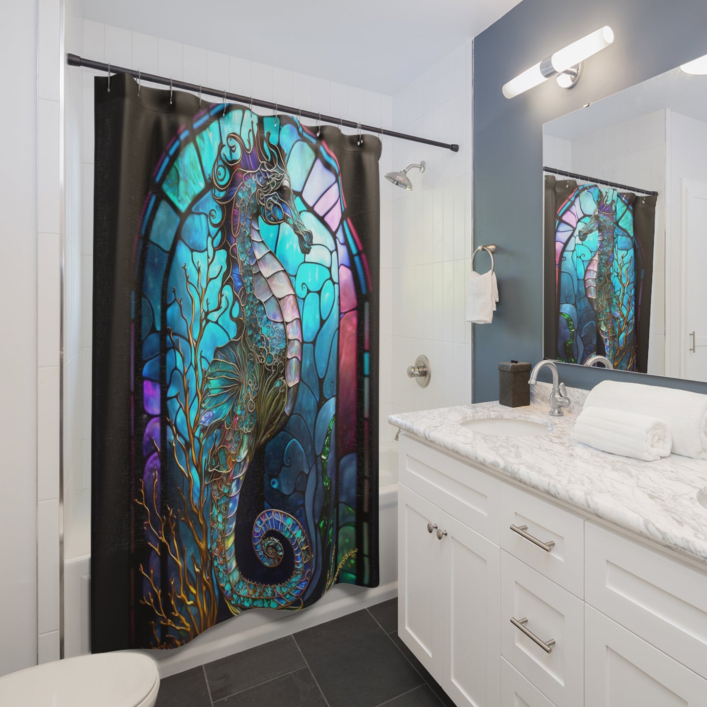 Stained Glass Seahorse - SHOWER CURTAIN - Home Decor, Bathroom Decor