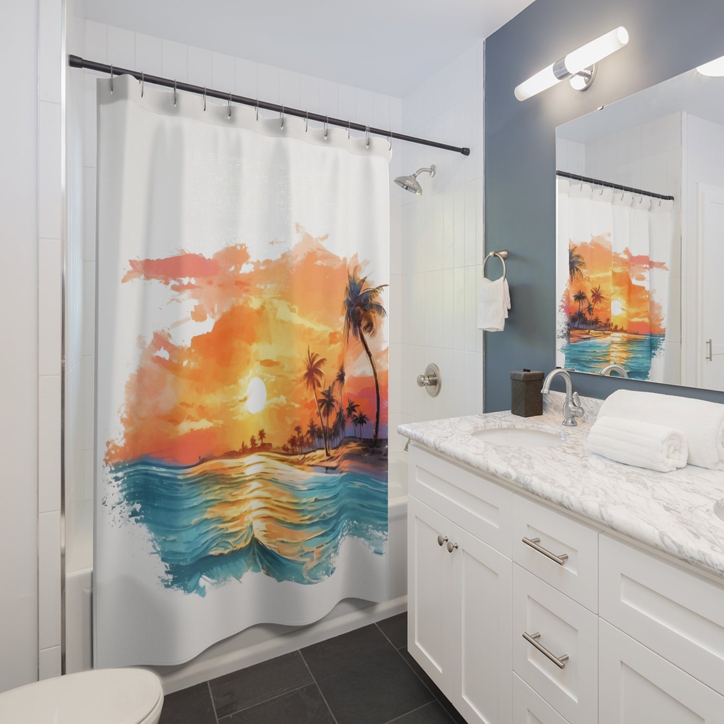 Sunset Beach Coastal Scene - Shower Curtain - Home Decor, Bathroom Decor 71"  x 74"