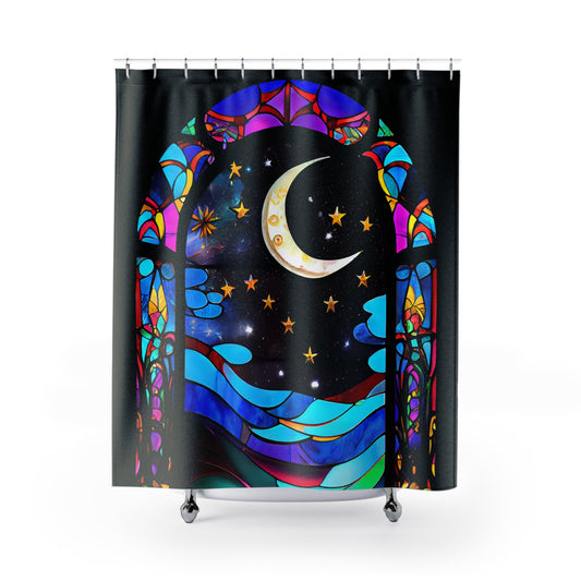 Stained Glass Celestial Stars Moon Night Sky - Shower Curtain - Home Decor, Bathroom Decor 71"  x 74"