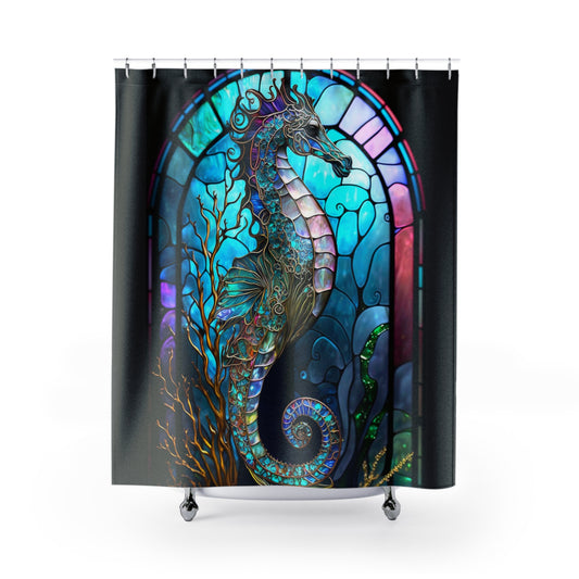 Stained Glass Seahorse - SHOWER CURTAIN - Home Decor, Bathroom Decor