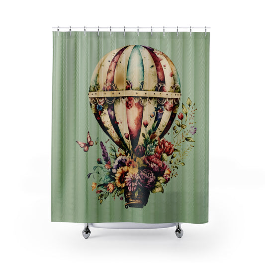 Vintage - Floral Hot Air Balloon  - Shower Curtain - Home Decor, Bathroom Decor 71"  x 74"