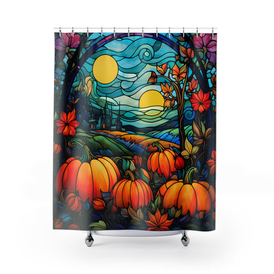 Stained Glass Fall Pumpkins - SHOWER CURTAIN - Home Decor, Bathroom Decor