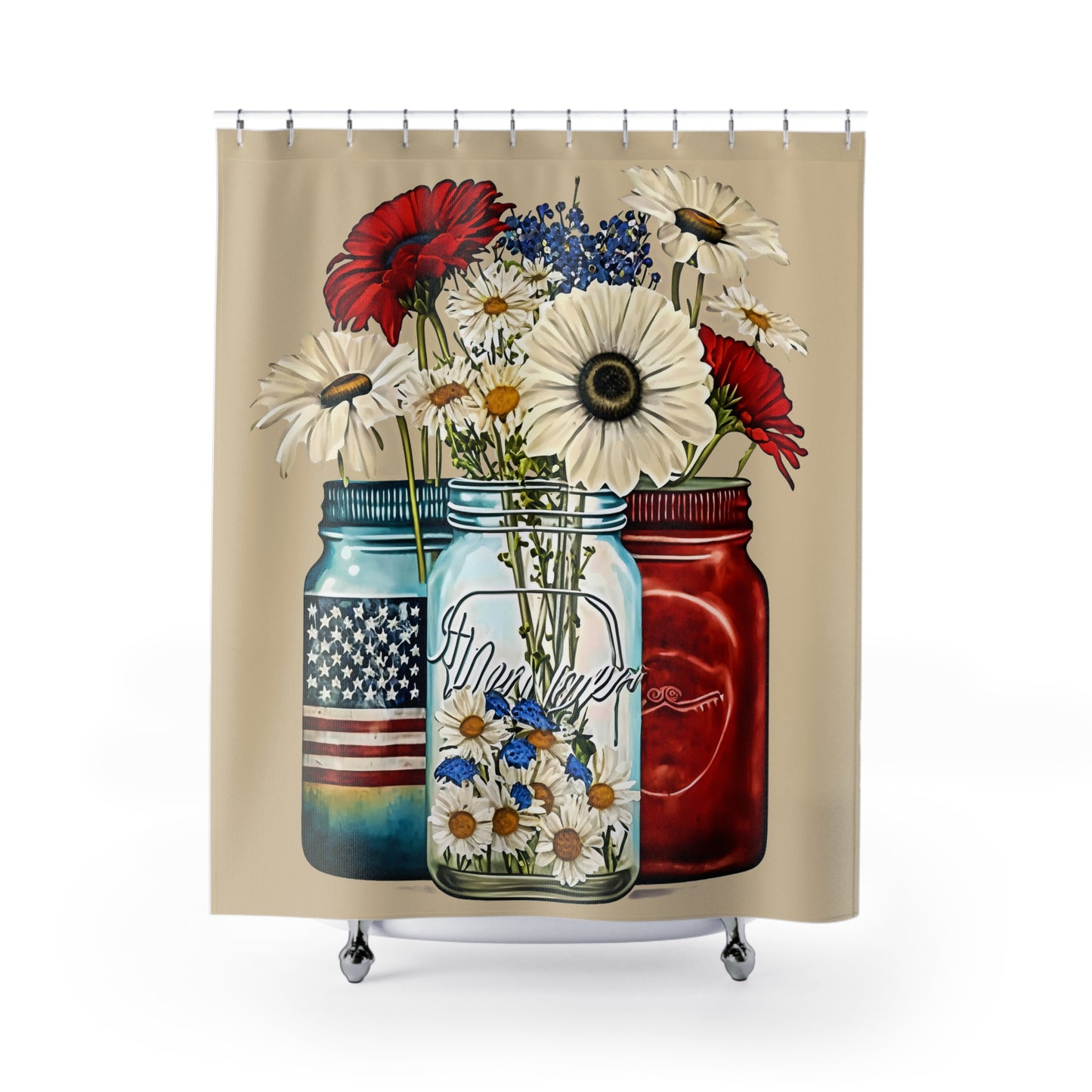 Patriotic - Mason Jar Floral - Shower Curtain - Home Decor, Bathroom Decor 71"  x 74"