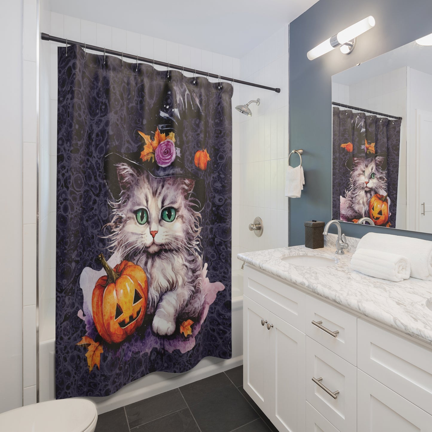 Halloween - Witch Kitten Cat - Home Decor - Bathroom Decor -  SHOWER CURTAIN - 71" x 74"