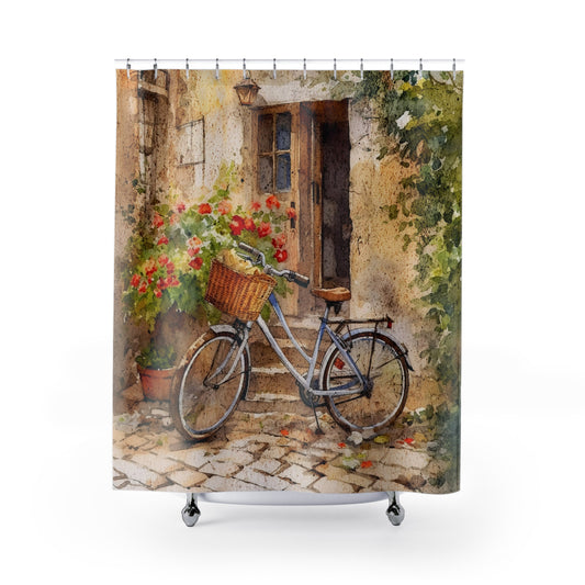 Watercolor Bicycle Flowers Europe  - Shower Curtain - Home Decor, Bathroom Decor 71"  x 74"