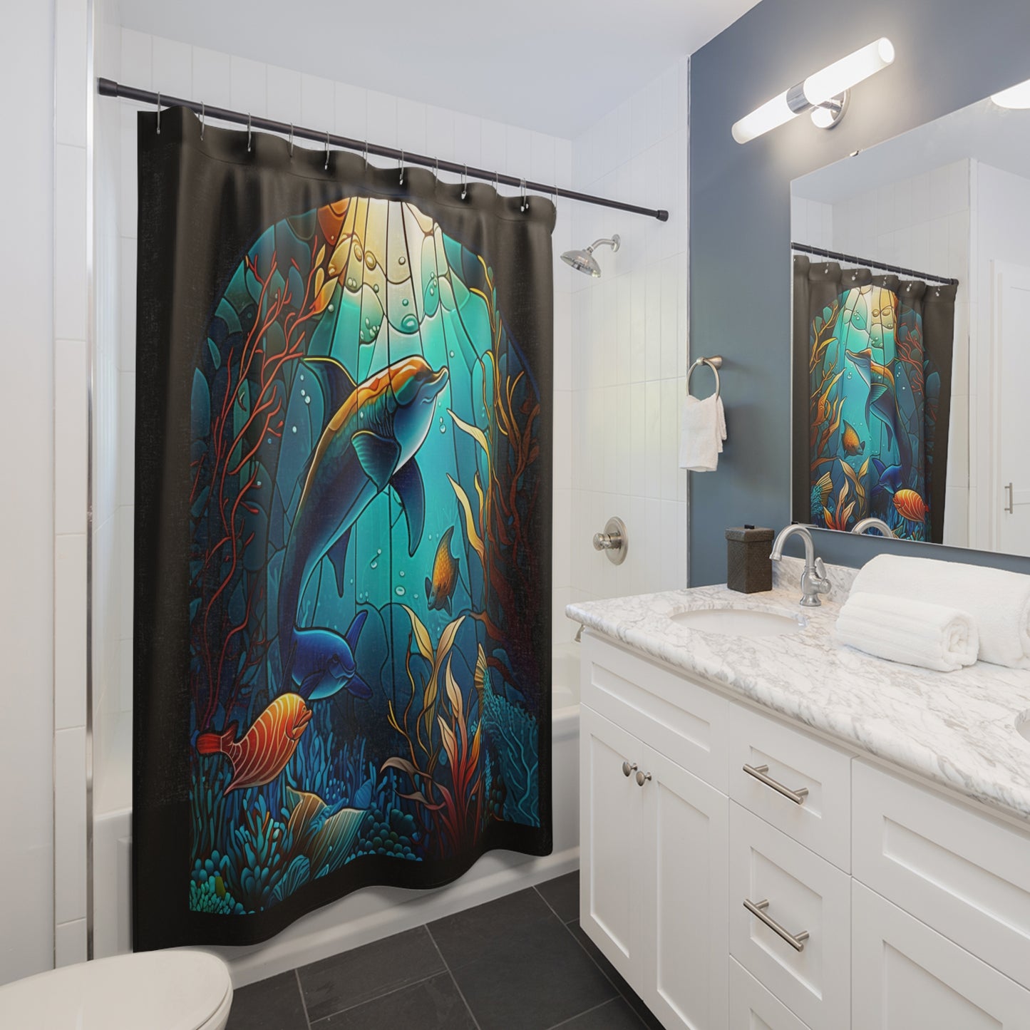 Stained Glass - Underwater Dolphin - Shower Curtain - Home Decor, Bathroom Decor