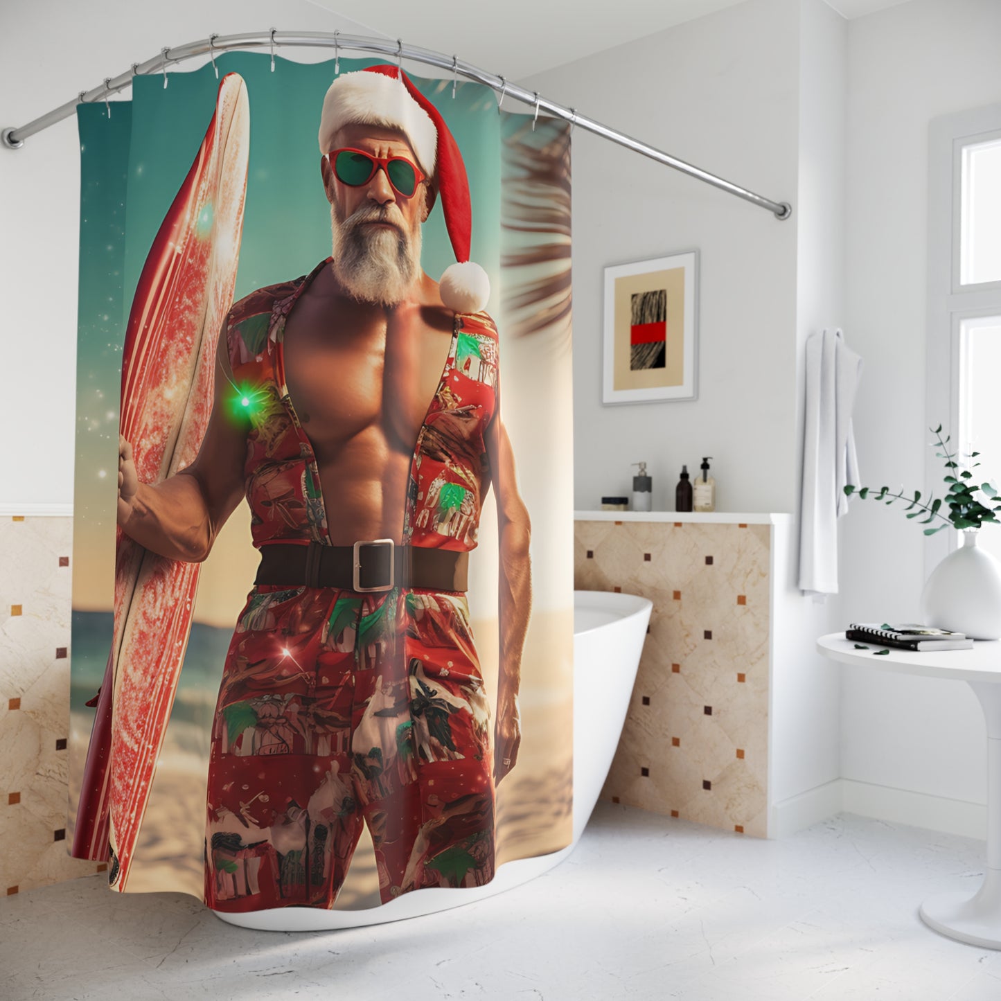 CHRISTMAS - Buff Santa Surfer - SHOWER CURTAIN - Home Decor, Bathroom Decor, Holiday Decor 71x74"