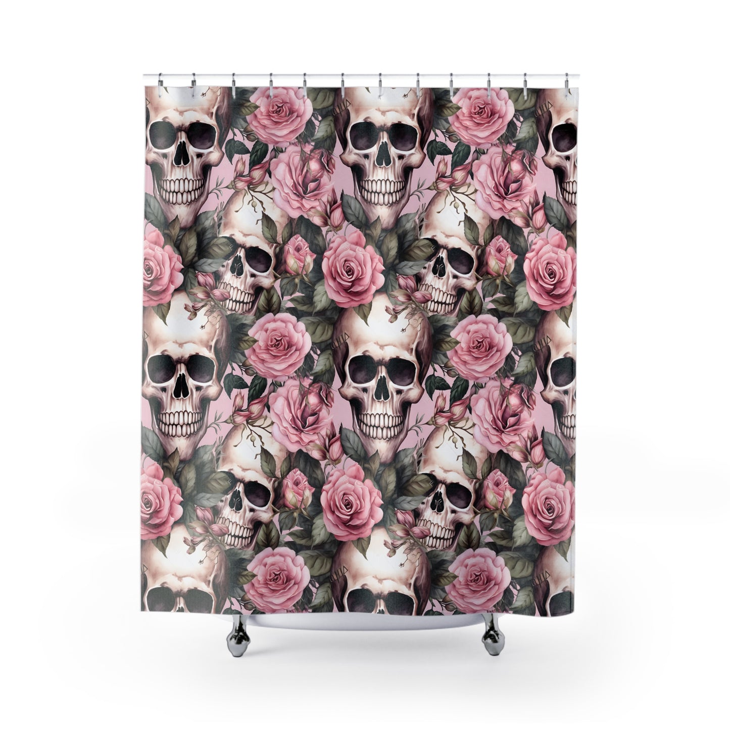 GOTHIC Home Decor - SHOWER CURTAIN - Skulls and Roses, Pink