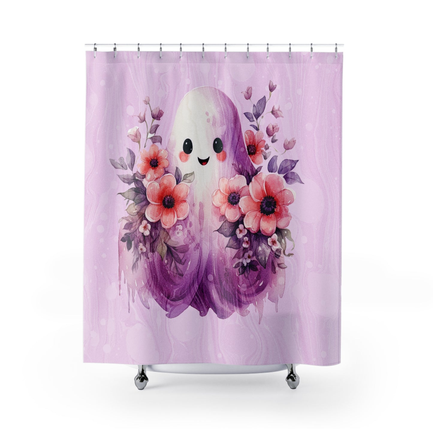 HALLOWEEN Cute Floral Ghost  - SHOWER CURTAIN - Home Decor, Bathroom Decor, Holiday Decor 71x74"