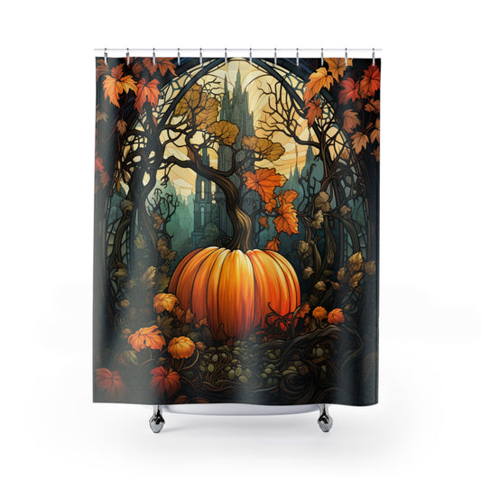 Fall Halloween Pumpkin Castle - SHOWER CURTAIN - Home Decor, Bathroom Decor, Holiday Decor 71x74"