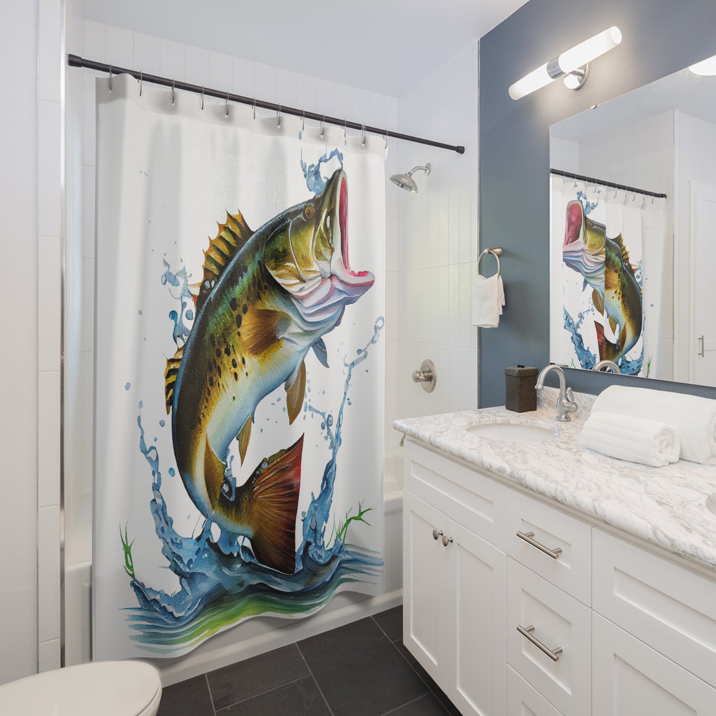 Big Mouth Bass Fishing - Shower Curtain - Home Decor, Bathroom Decor 71"  x 74"