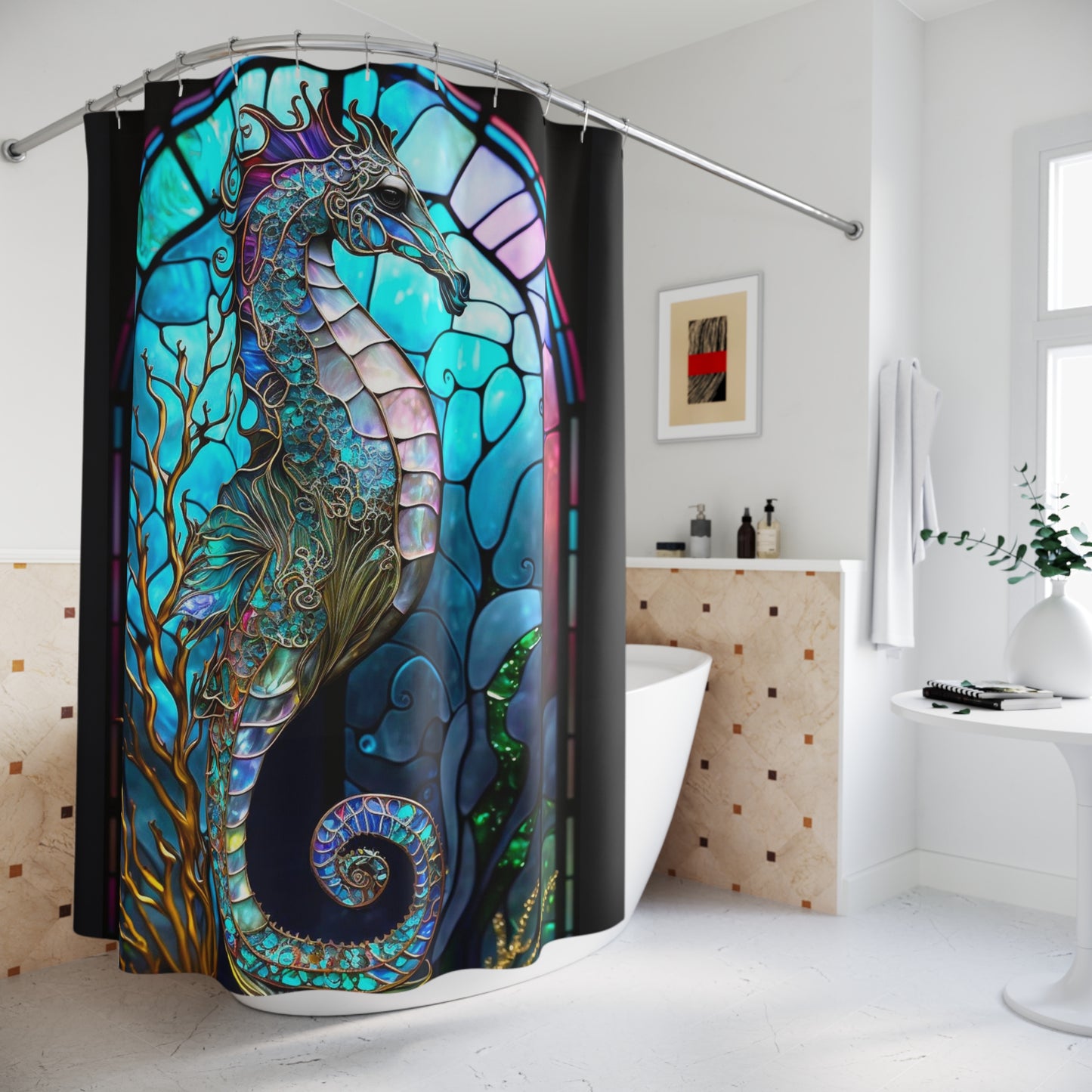 Stained Glass Seahorse - SHOWER CURTAIN - Home Decor, Bathroom Decor