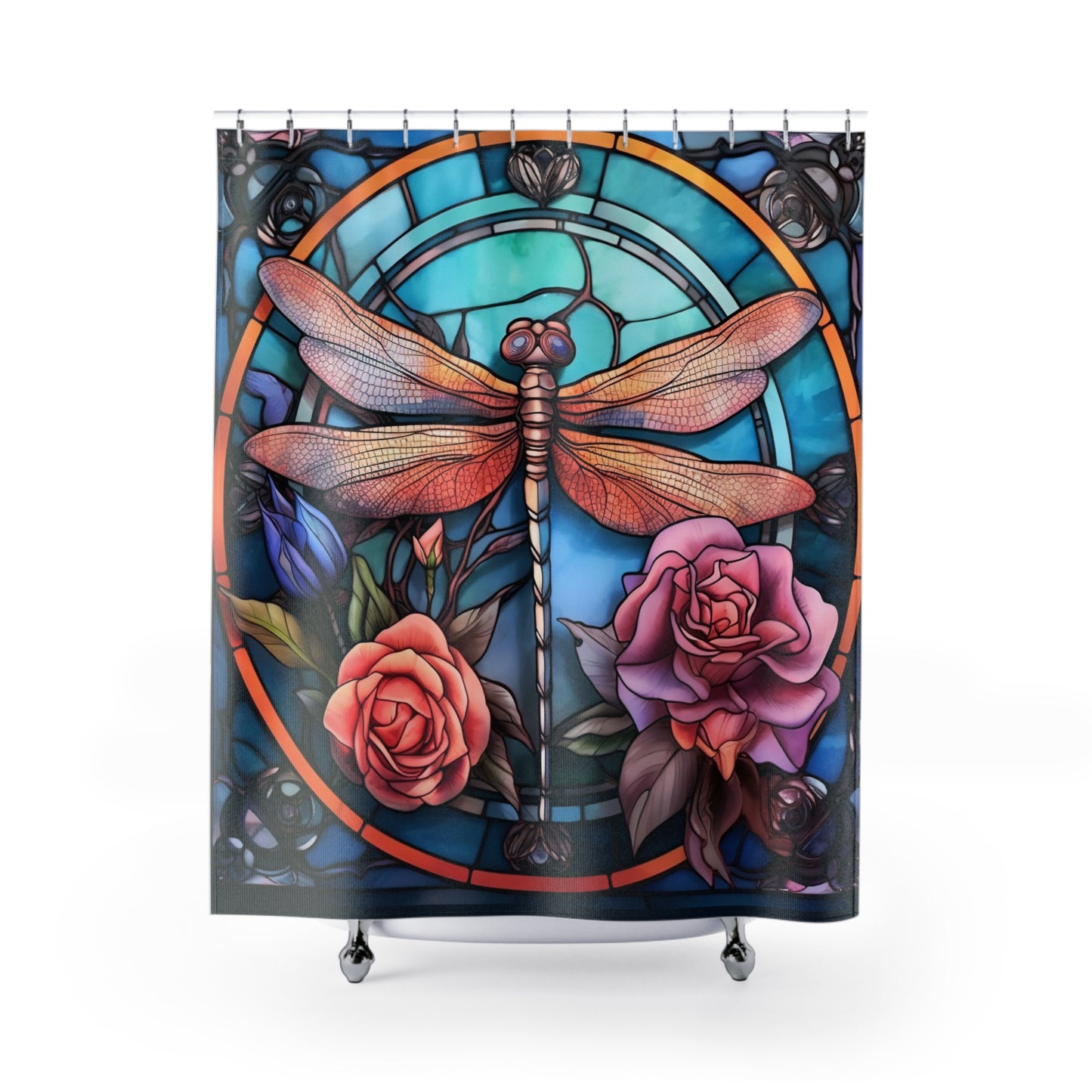 Stained Glass Floral Dragonfly - SHOWER CURTAIN - Home Decor, Bathroom Decor, Dragon Fly, Shower