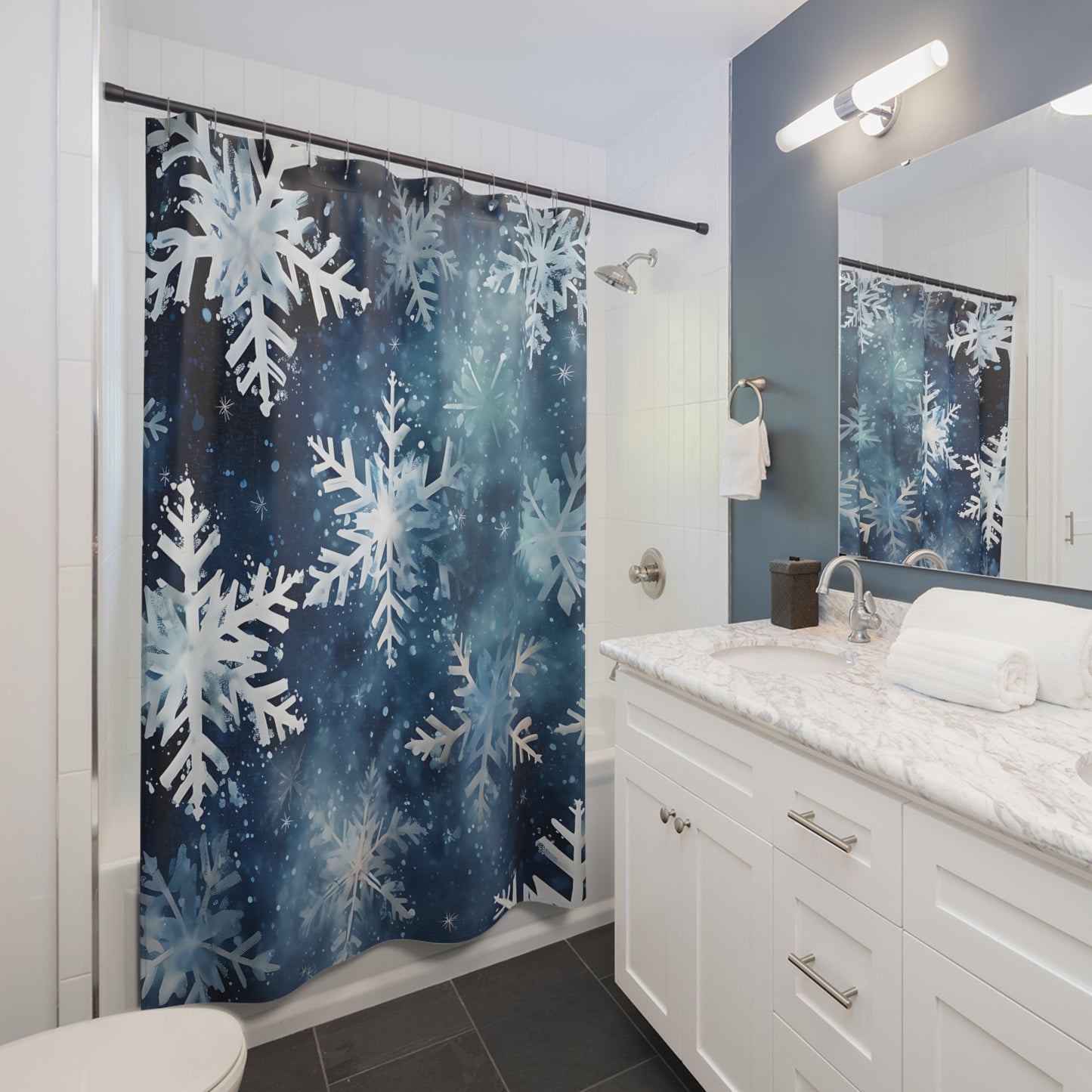 CHRISTMAS - Blue Snowflakes - SHOWER CURTAIN - Home Decor, Bathroom Decor, Winter, Holiday Decor 71x74"