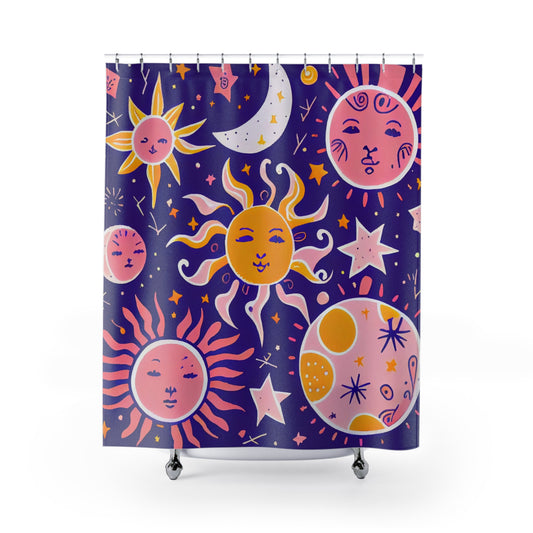 Celestial - Moon, Sun and Stars - Shower Curtain - Home Decor, Bathroom Decor 71"  x 74"