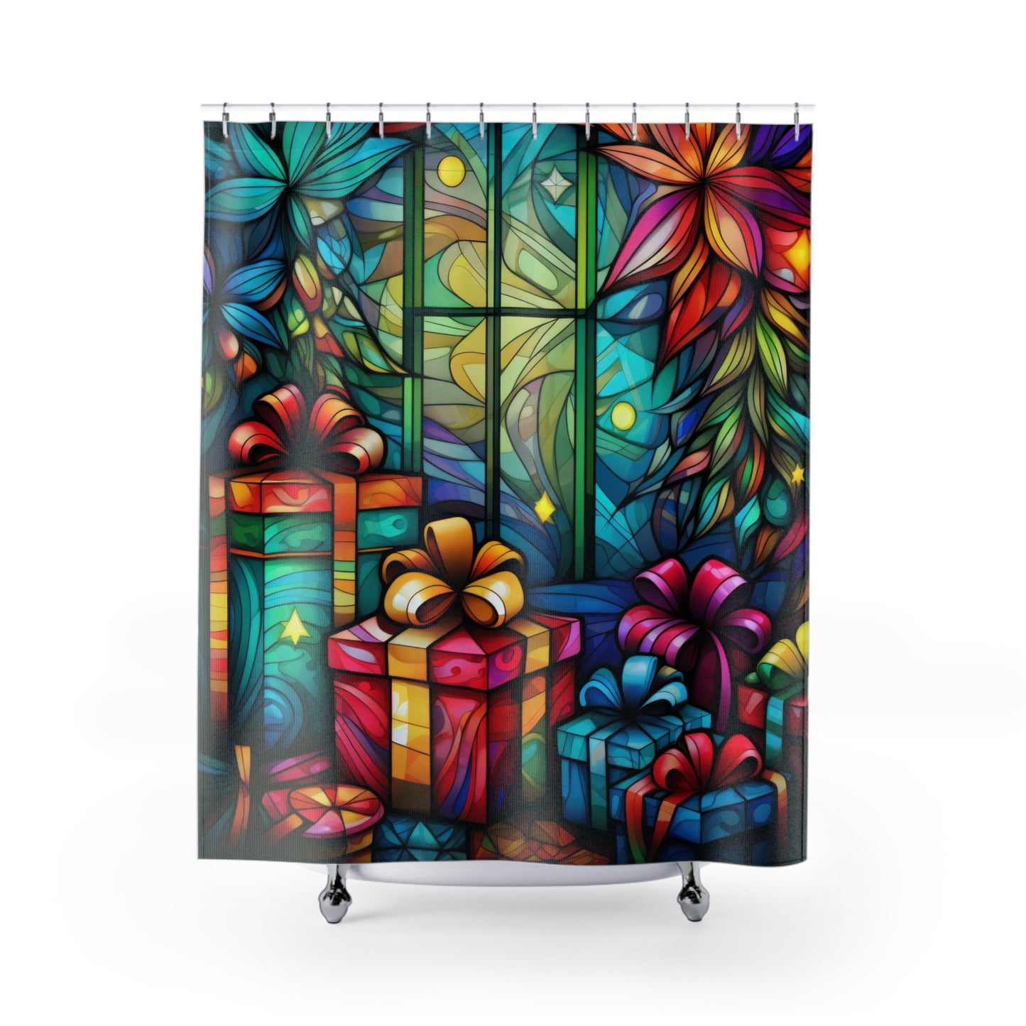 CHRISTMAS Stained Glass Ornaments - SHOWER CURTAIN - Home Decor, Bathroom Decor, Holiday Decor 71x74"