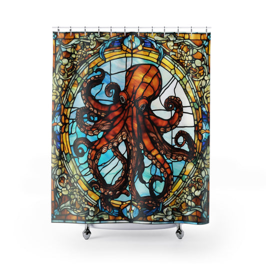 STAINED GLASS Octopus - SHOWER CURTAIN - Home Decor, Bathroom Decor, Holiday Decor 71x74"