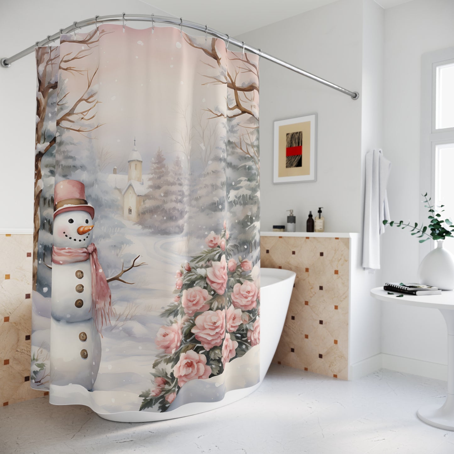 CHRISTMAS - Elegant Rose Snowman - SHOWER CURTAIN - Home Decor, Bathroom Decor, Holiday Decor 71x74"