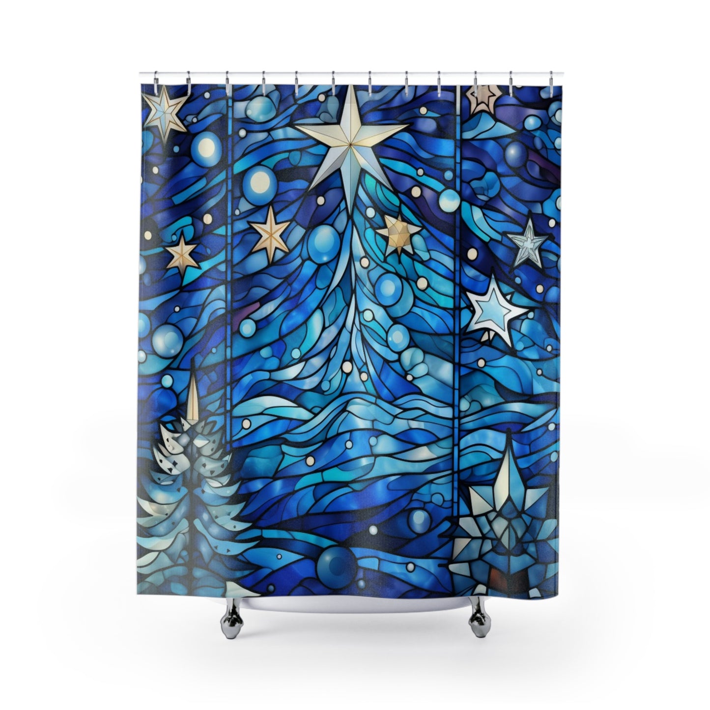 Stained Glass - CHRISTMAS Tree Blue - SHOWER CURTAIN - Home Decor, Bathroom Decor, Holiday Decor 71x74"