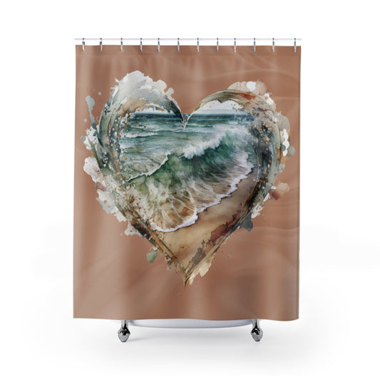 Rustic Heart Frame Coast Beach Waves Crashing - Shower Curtain - Home Decor, Bathroom Decor 71"  x 74"