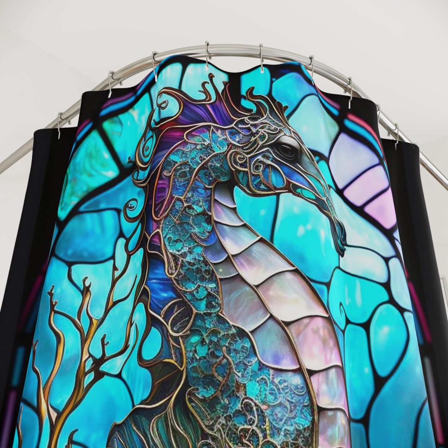 Stained Glass Seahorse - SHOWER CURTAIN - Home Decor, Bathroom Decor