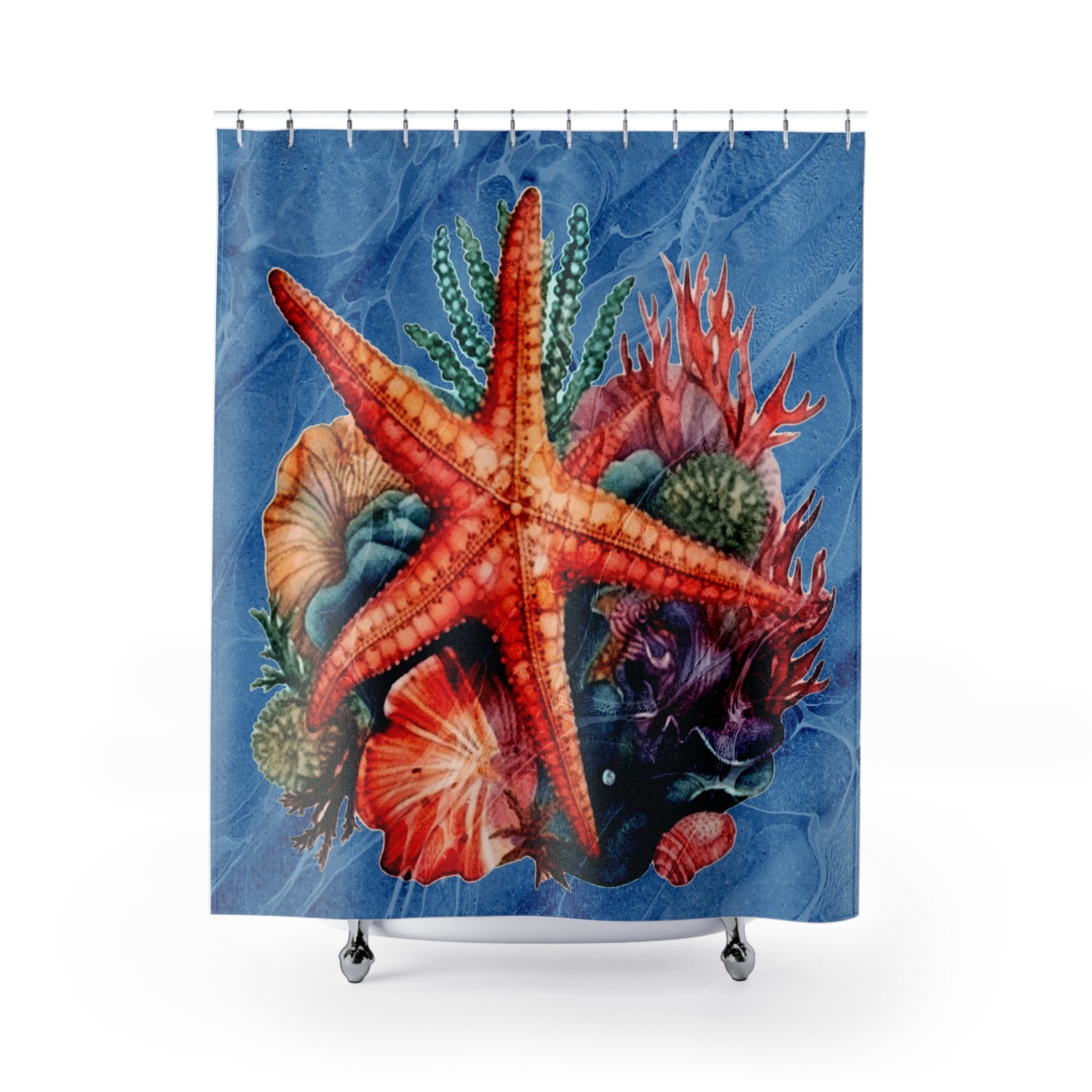 Starfish Seashell Coastal Aquatic Beach - Shower Curtain - Home Decor, Bathroom Decor 71"  x 74"