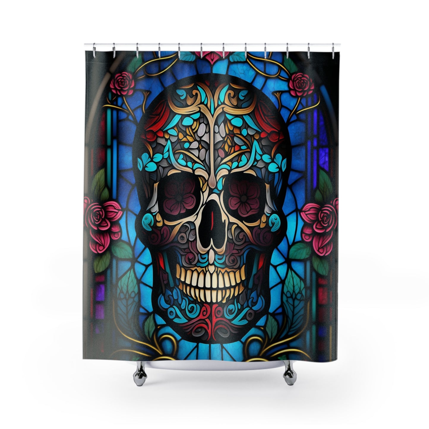 ART DECO Stained Glass Floral Skull - Shower Curtain - Home Decor Bathroom Decor