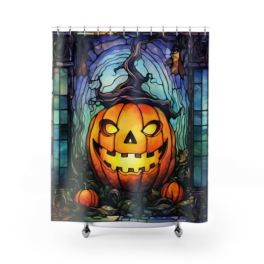 Stained Glass - Halloween Pumpkin Witch - SHOWER CURTAIN - Home Decor, Bathroom Decor, Holiday Decor 71x74"