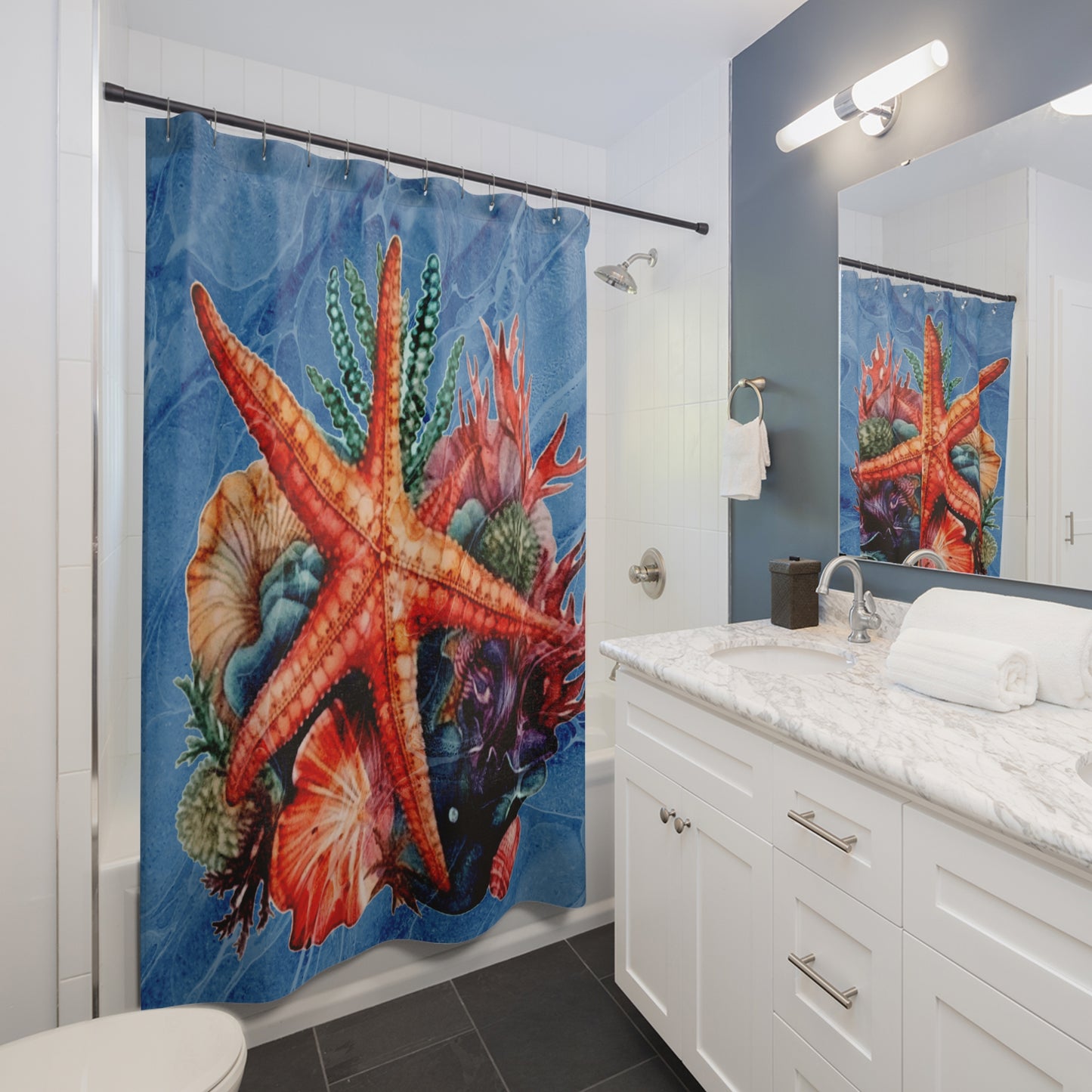 Starfish Seashell Coastal Aquatic Beach - Shower Curtain - Home Decor, Bathroom Decor 71"  x 74"