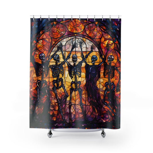 Halloween - Stained Glass Skeleton Party -  SHOWER CURTAIN - Home Decor, Bathroom Decor, Holiday Decor 71x74"