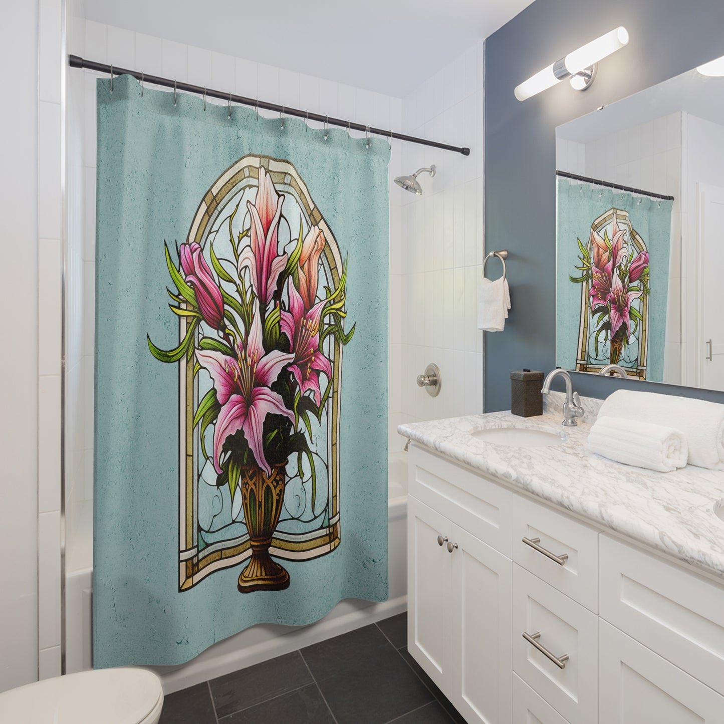 Stained Glass - Flowers in Vase - Shower Curtain - Home Decor, Western, Bathroom Decor 71"  x 74"