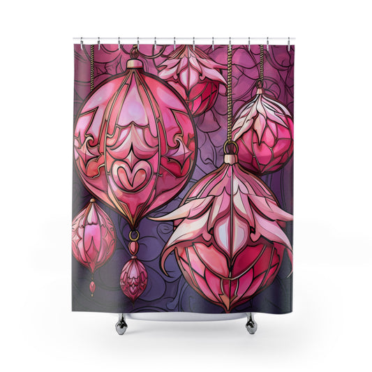 CHRISTMAS Stained Glass - Pink Ornaments - SHOWER CURTAIN - Home Decor, Bathroom Decor, Holiday Decor 71x74"