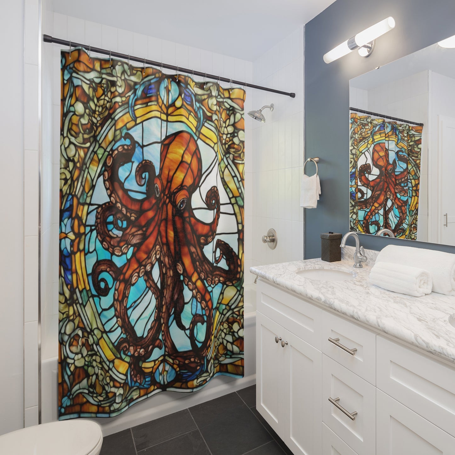 STAINED GLASS Octopus - SHOWER CURTAIN - Home Decor, Bathroom Decor, Holiday Decor 71x74"