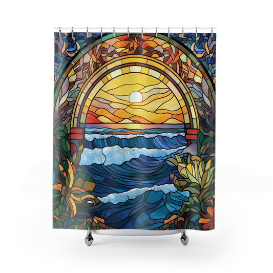 Stained Glass - Summer Beach Sunset - Shower Curtain - Home Decor, Bathroom Decor 71"  x 74"