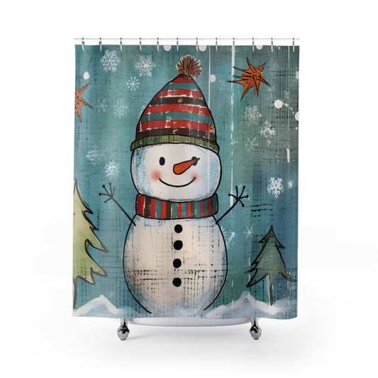 CHRISTMAS Winter Holiday Decor,  Rustic Snowman SHOWER CURTAIN - 71" x 74"