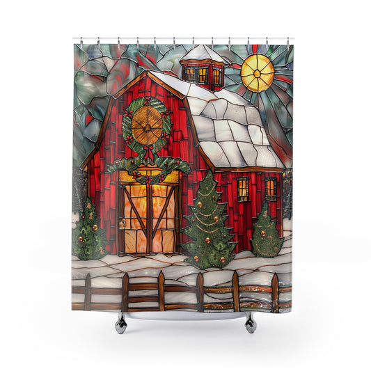 CHRISTMAS Red Barn - SHOWER CURTAIN - Home Decor, Bathroom Decor, Holiday Decor 71x74"