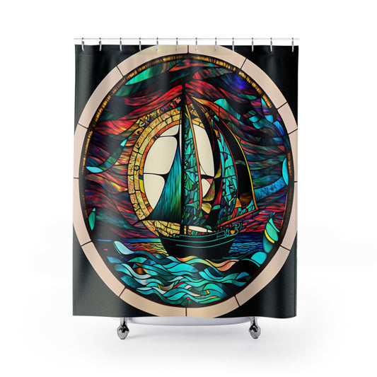 Stained Glass Sailboat - SHOWER CURTAIN - Home Decor, Bathroom Decor, Nautical 71x74"