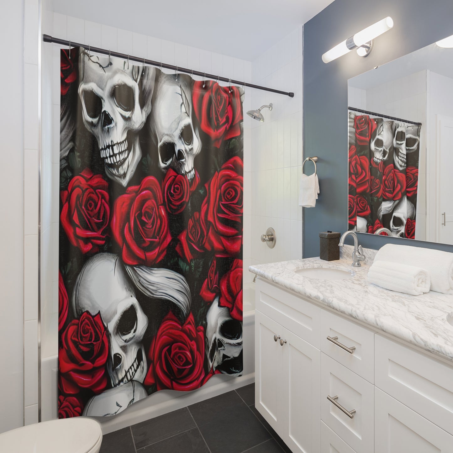 Gothic - Skulls and Red Roses - Shower Curtain - Home Decor, Bathroom D