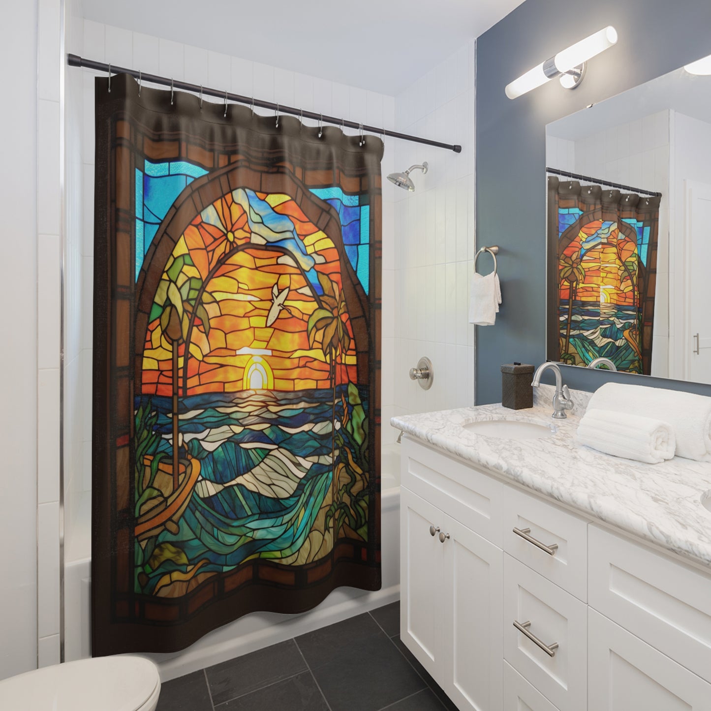 Stained Glass - Beach Scene - Shower Curtain - Home Decor, Bathroom Decor 71"  x 74"