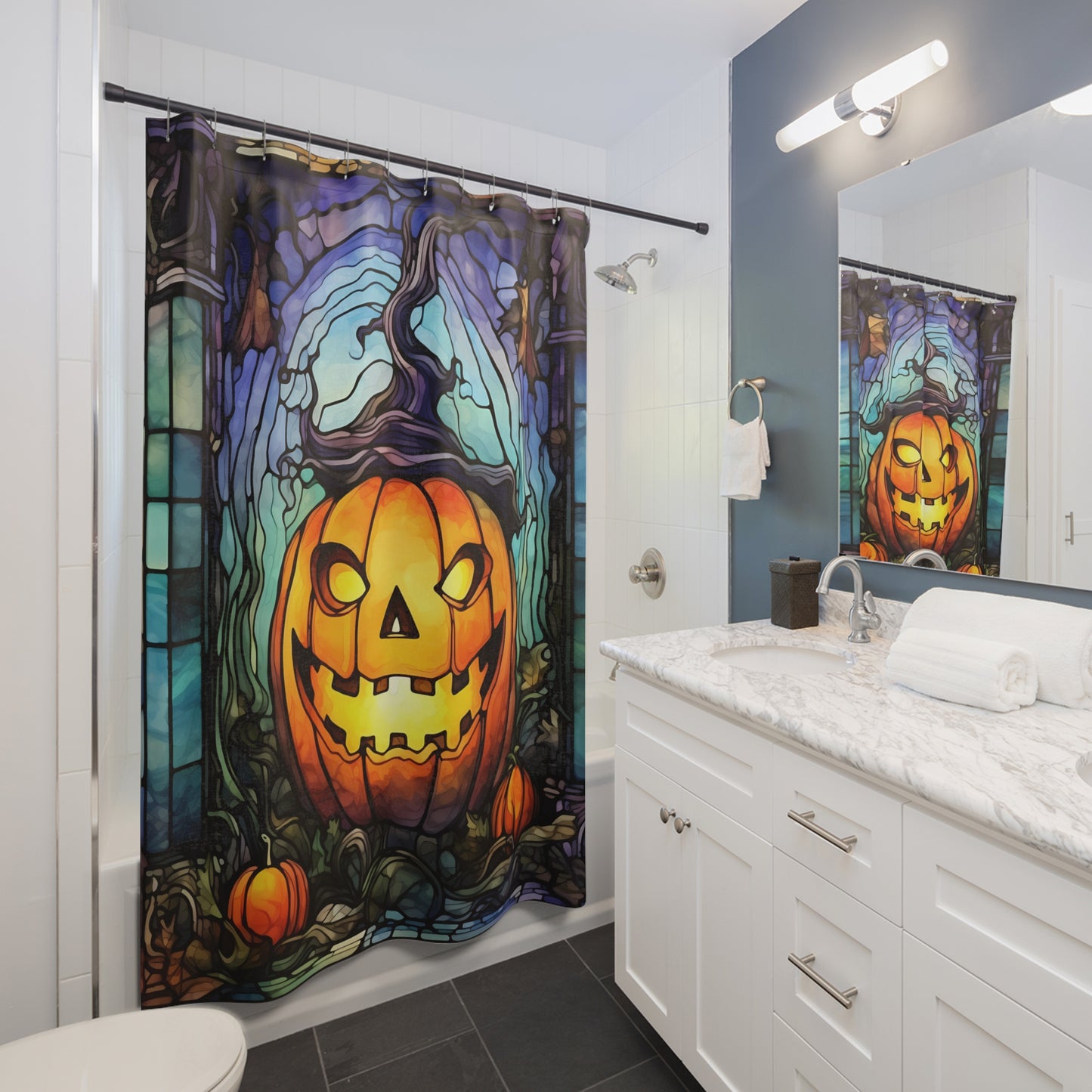 Stained Glass - Halloween Pumpkin Witch - SHOWER CURTAIN - Home Decor, Bathroom Decor, Holiday Decor 71x74"