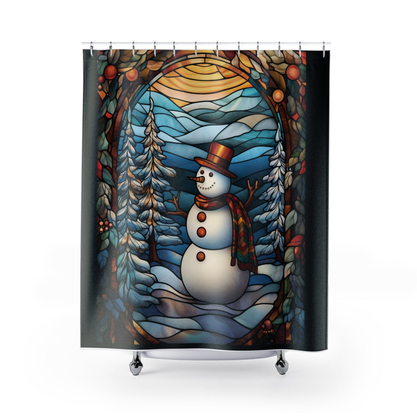 Christmas Winter Decor, Stained Glass Snowman SHOWER CURTAIN - 71" x 74"