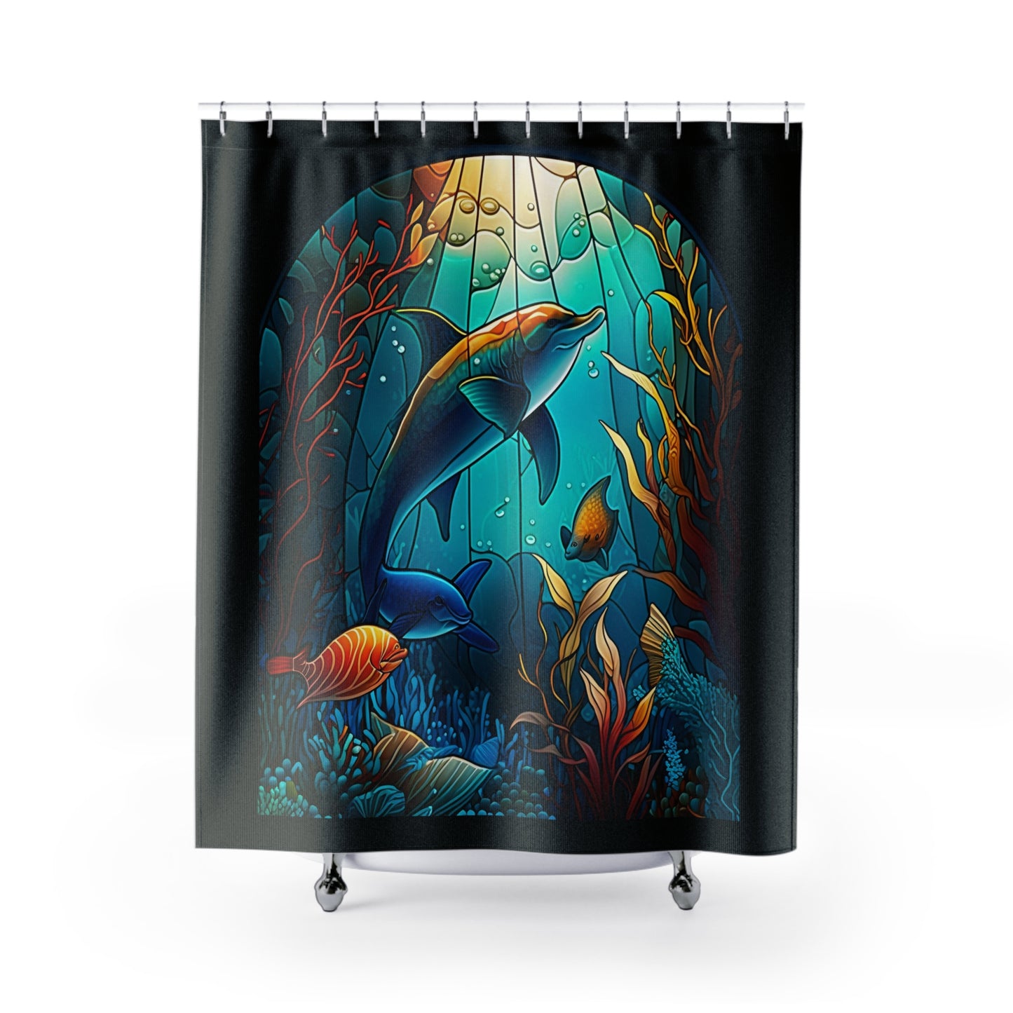 Stained Glass - Underwater Dolphin - Shower Curtain - Home Decor, Bathroom Decor