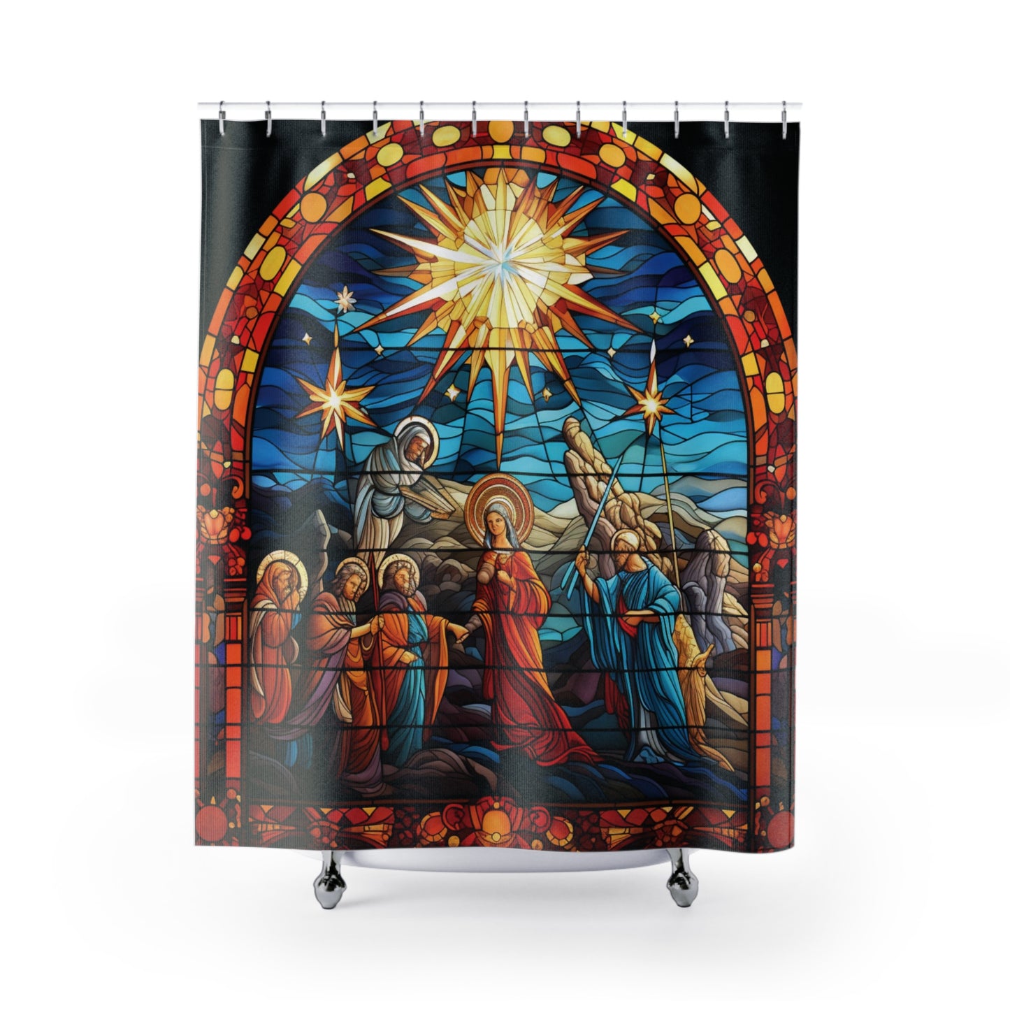 CHRISTMAS Stained Glass Nativity Scene SHOWER CURTAIN - Home Decor Bathroom Decor - 71" x 74"